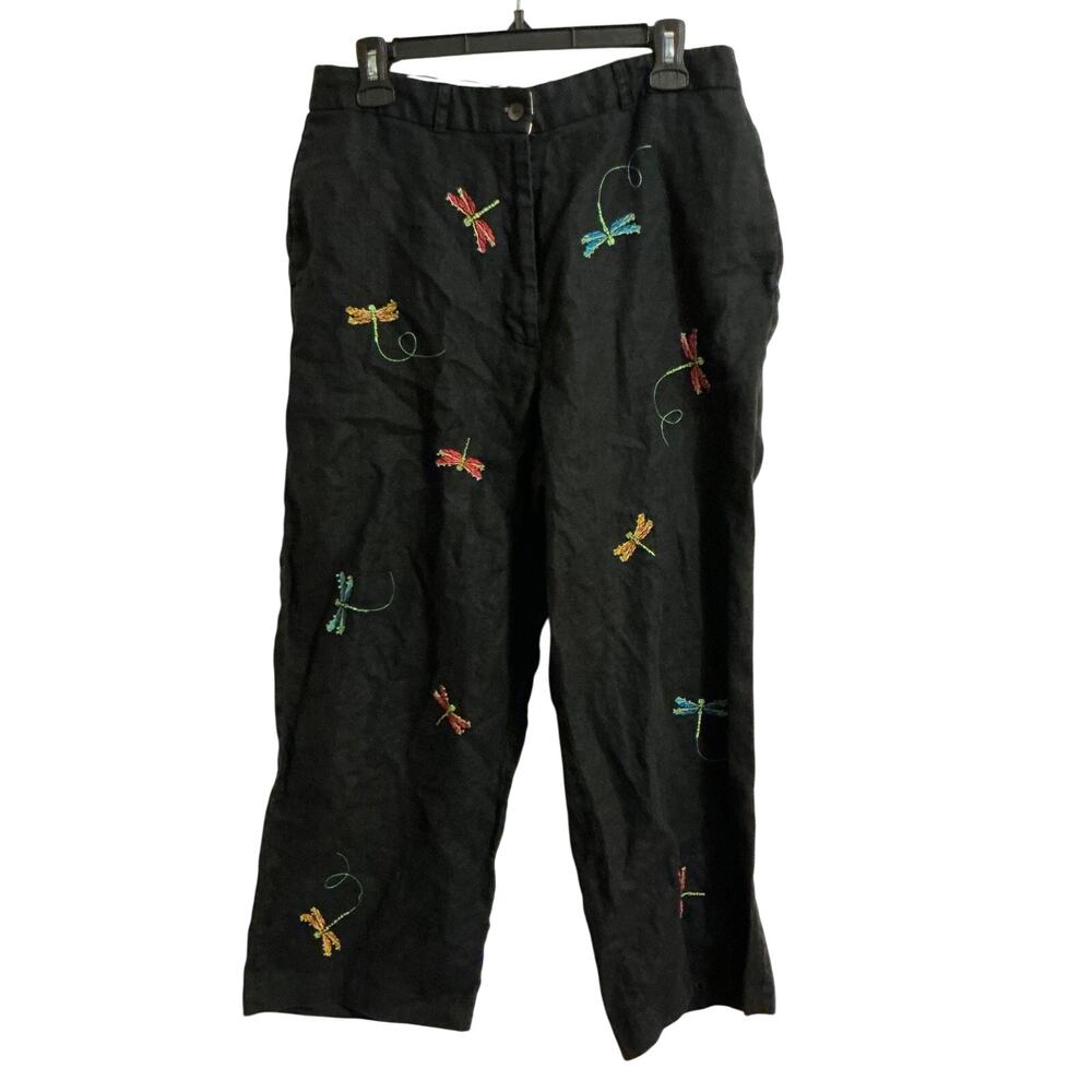 Paraphrase 100% Linen Pants Women 14 Black Embroidered Dragonfly Crop Boho